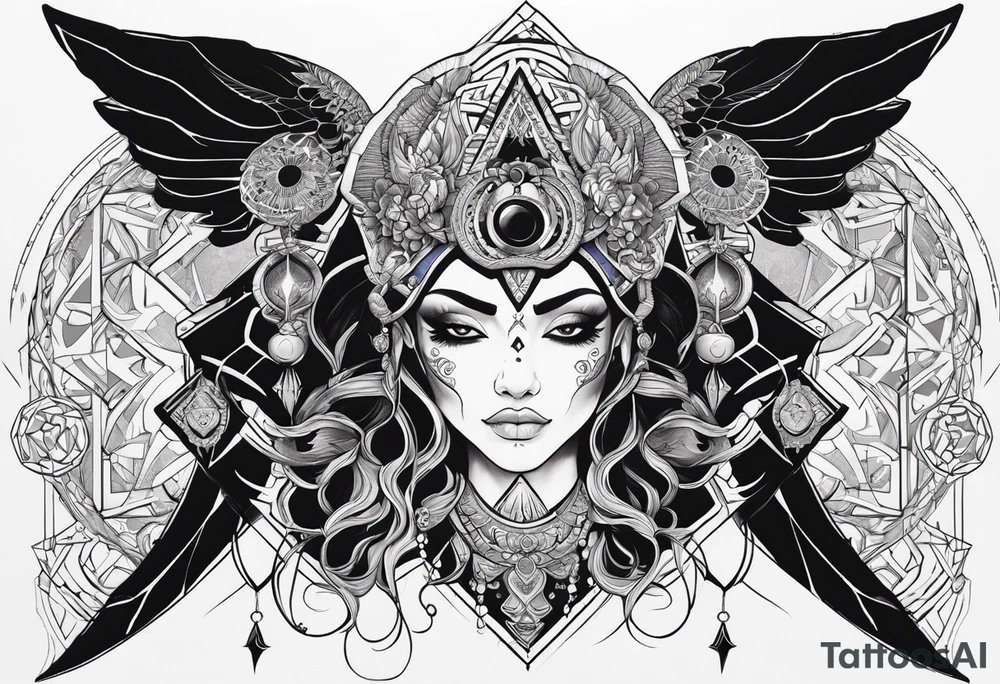 kali ma, alien goddess, valkrye, aries, pirate, divine feminine, zenza resonance, pachamama, lotus azul, blank panther, eagle, skull, 5D, nueva gaya, dna 12, left side chest tatoo tattoo idea