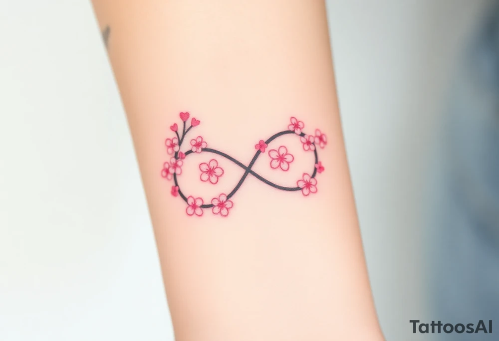 An infinity symbol with blooming cherry blossoms and hearts, in soft pink and white tones tattoo idea