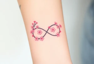 An infinity symbol with blooming cherry blossoms and hearts, in soft pink and white tones tattoo idea