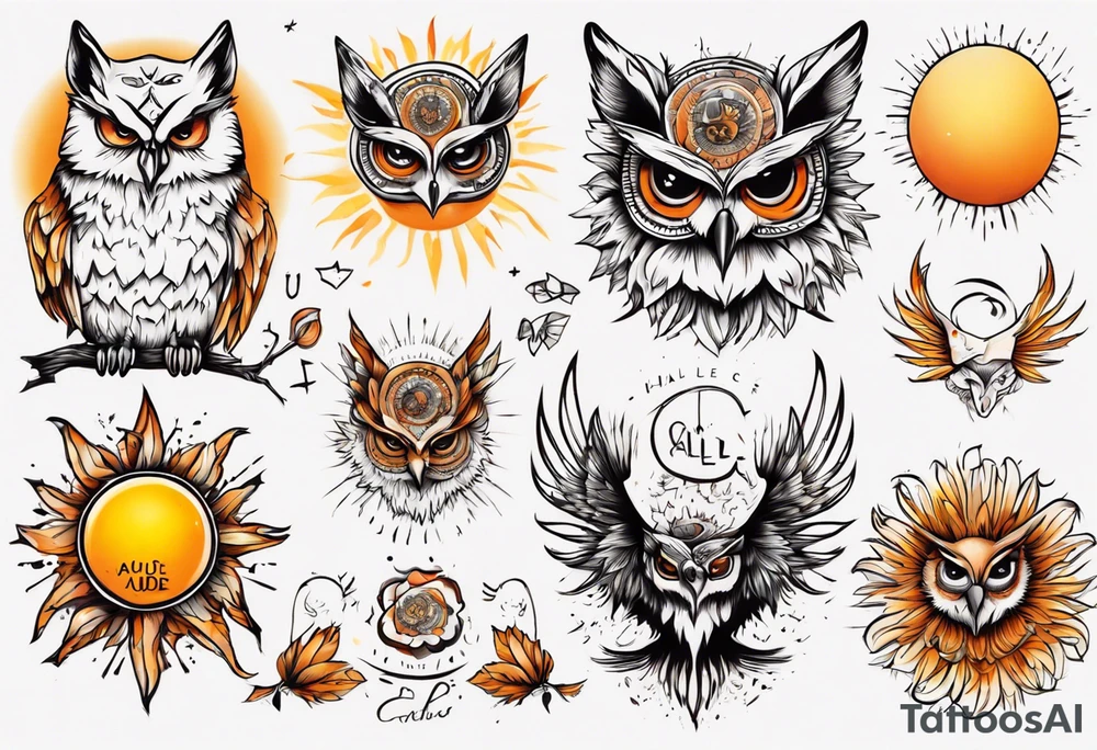 halb 
Fuchs halb Eule unter der Sonne mit dem Schriftzug Sapere Aude tattoo idea