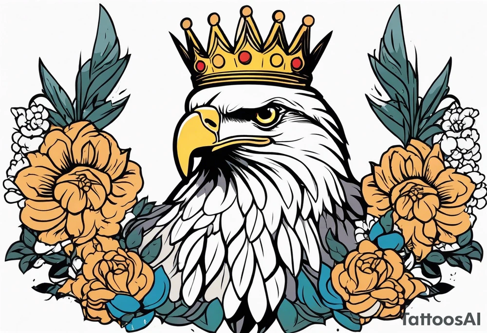 eagle with wings crown on head simple bold colors old school traditional vintage
surrounded by flowers tattoo idea