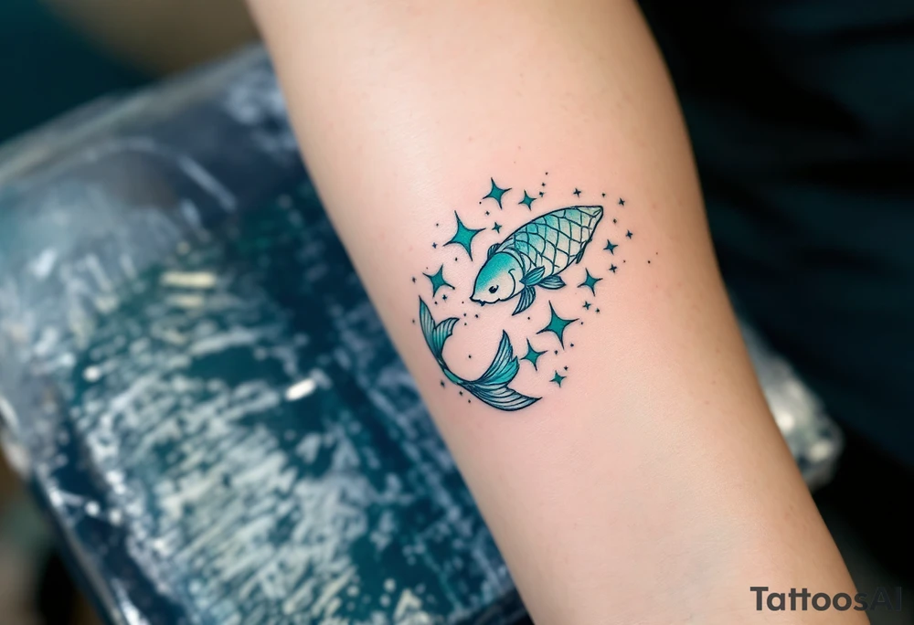 In this tattoo, a gradient of sea-green and teal forms the Pisces stars constellation with the Pisces zodiac glyph in matching hues. tattoo idea