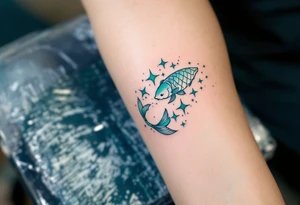 In this tattoo, a gradient of sea-green and teal forms the Pisces stars constellation with the Pisces zodiac glyph in matching hues. tattoo idea