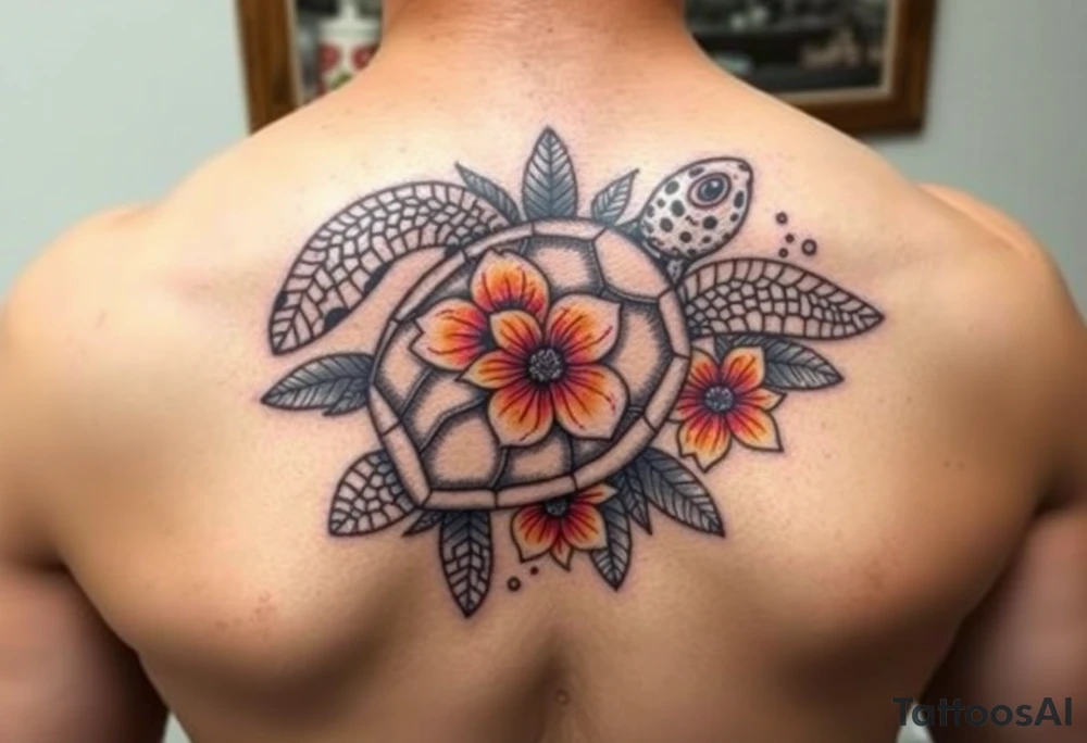 Sea turtle with Caribbean floral tattoo idea