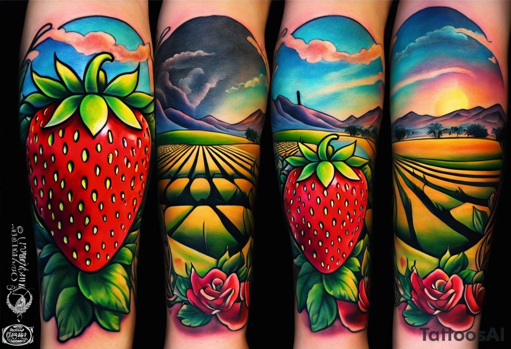 Tattoo of my hometown of Oxnard, CA
Tattoo must have strawberry fields meeting with ocean
Tattoo must have Oxnard coordinates of: 34.2236192,-119.1310264

Add in the sun on top of the fields/ocean
Add in a gondola plaza
Only in black and white tattoo idea