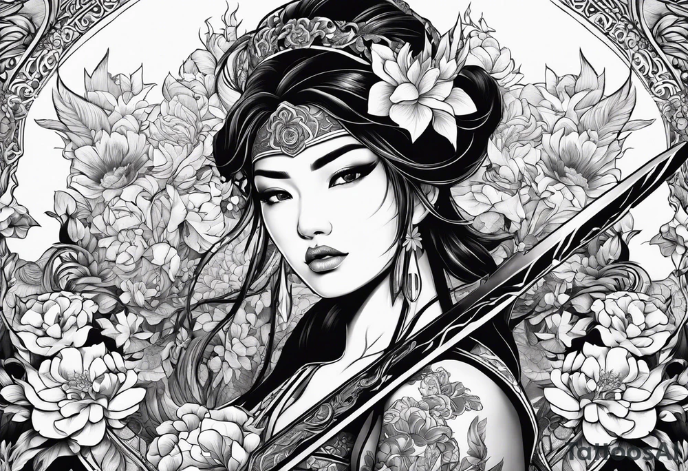 ornate beautiful woman warrior with weapon & floral surrounding tattoo from head to torso tattoo idea