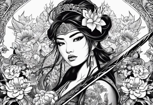 ornate beautiful woman warrior with weapon & floral surrounding tattoo from head to torso tattoo idea