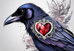 Raven with anatomical broken heart in beak tattoo idea