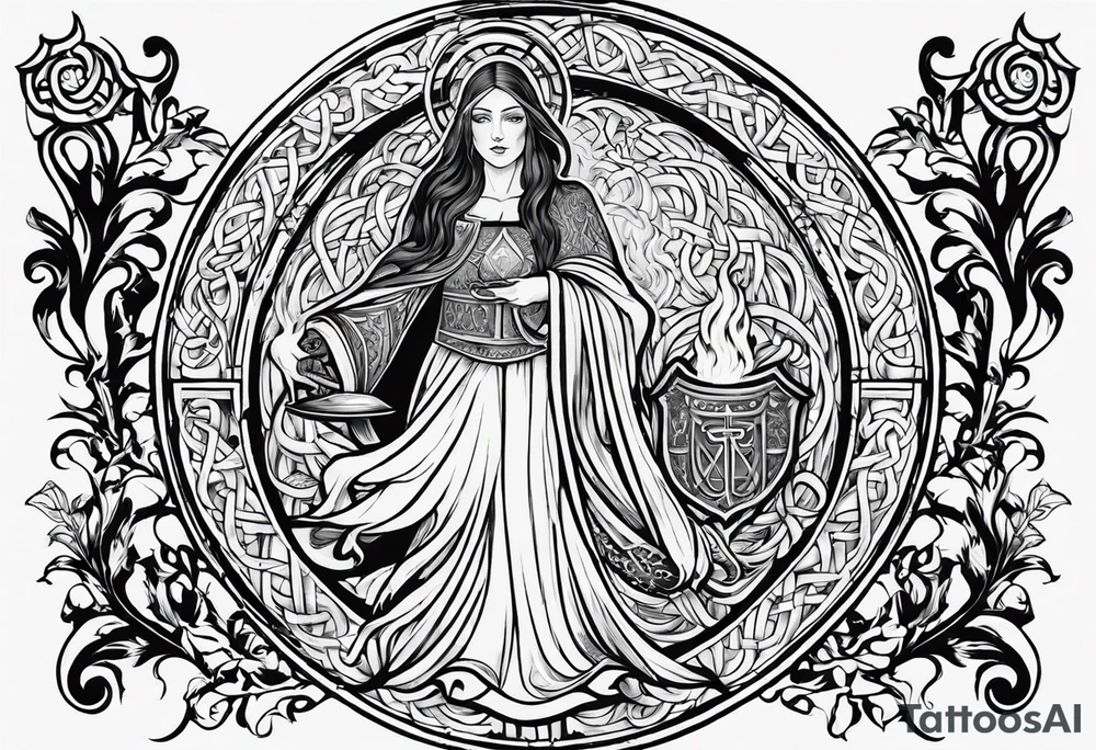 A full back piece themed on the surname mcbride and the irish saint brigid. It should take inspiration from artwork of saint brigid holding fire in her hands. It should have the text Vincit Pericula Virtus on it tattoo idea