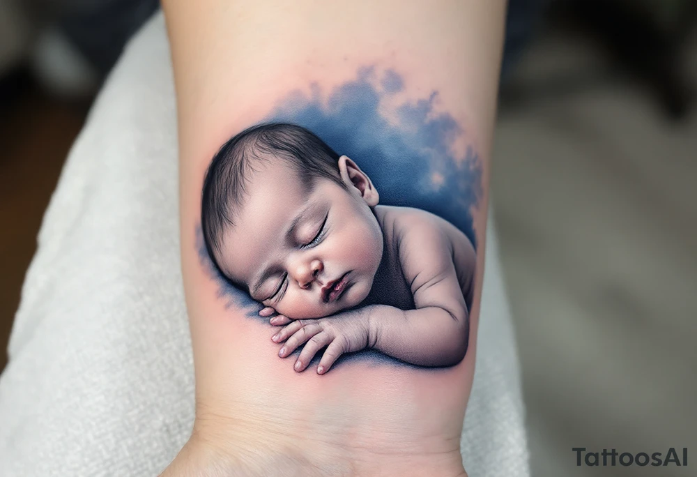 A realistic portrait of a sleeping baby boy in black and grey, with a soft blue background fade. tattoo idea