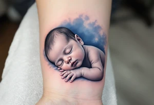 A realistic portrait of a sleeping baby boy in black and grey, with a soft blue background fade. tattoo idea