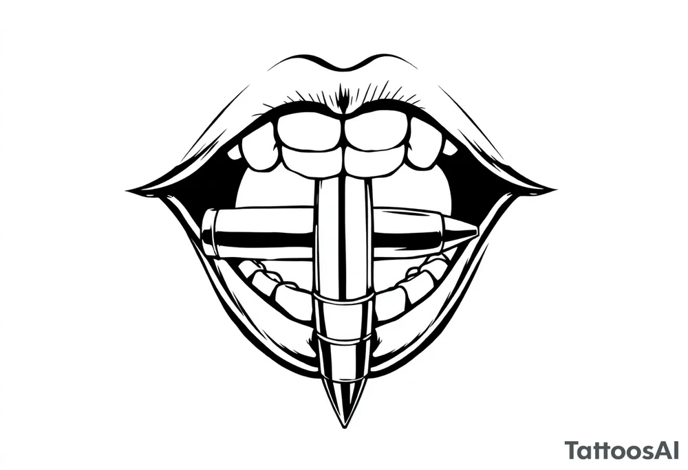 A set of lips snarling with 50cal round between teeth tattoo idea