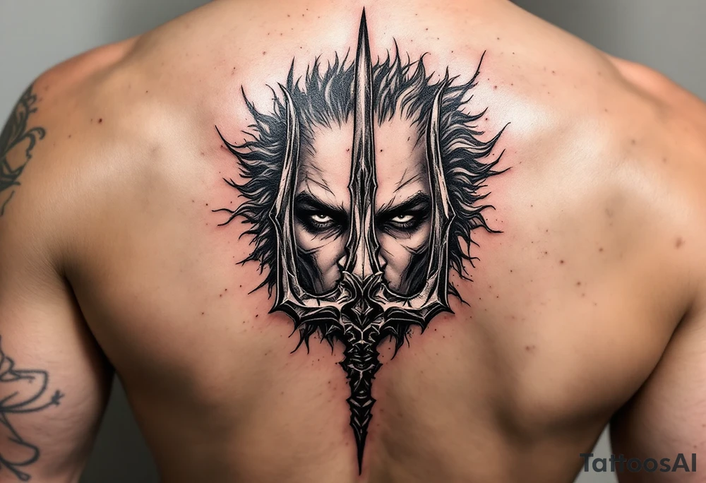face behind trident tattoo idea