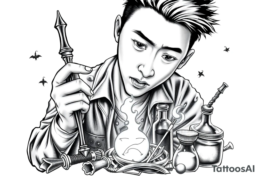 Handsome Asian young adult guy is  accidentally stumbled upon witch tools, supplies, artifacts, potions and exploring it curiously tattoo idea