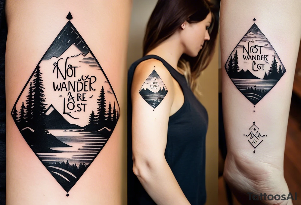 A half sleeve tattoo that features the quote **"Not all who wander are lost"** in elegant script on the outer forearm. Surrounding it are a compass rose and flowing elements like mountains, waves, and trees, symbolizing adventure and nature. Small travel icons like a plane and backpack are interspersed, enhancing the theme of exploration. The design uses a dynamic look that wraps naturally around your forearm. tattoo idea