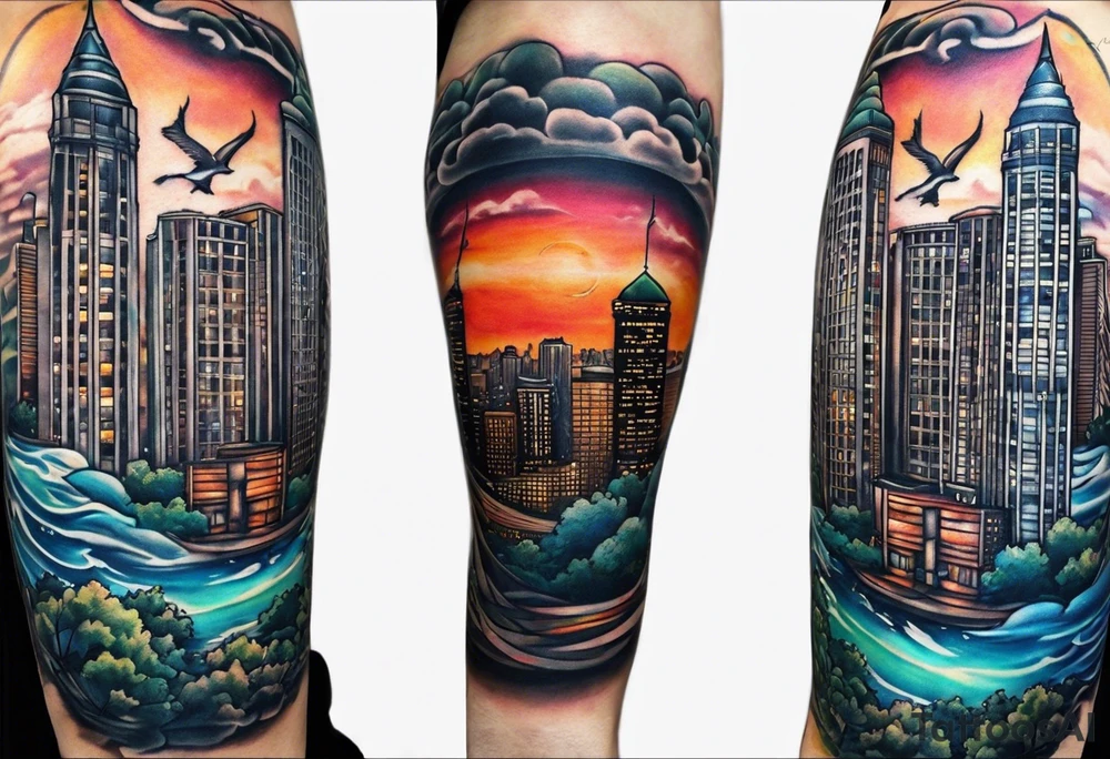 Can you show me a leg sleeve tattoo with The Atlanta A with the city behind it and a pair of Jordan 1’s hanging on a line on top the city tattoo idea