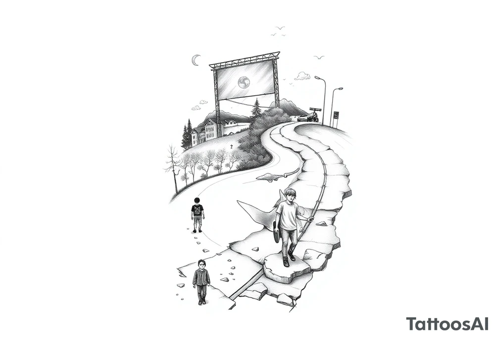 designing a black and white tattoo for a half-sleeve on shoulder: path beginning in the bottom end and winding upwards. The first third starting at the bottom. On the left are a few trees and on the right side a village and a school. A child is walking the path. On the second third, the path changes to a street. On its right side is a city and on its left side a few friends, which are attending a heavy metal concert, which is taking place on a stage. The child has grown into adolescence and is walking the street with a skateboard in one hand. On the third third, there is a man on the still upwards winding street, with drum sticks in one hand. There is a japanese Tori on the street and on the left, the streets changes to a beach. In the sea a manta ray is visible. tattoo idea