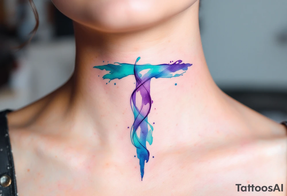A watercolor-style "T" in shades of turquoise and purple, blending like paint strokes. tattoo idea
