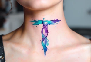 A watercolor-style "T" in shades of turquoise and purple, blending like paint strokes. tattoo idea