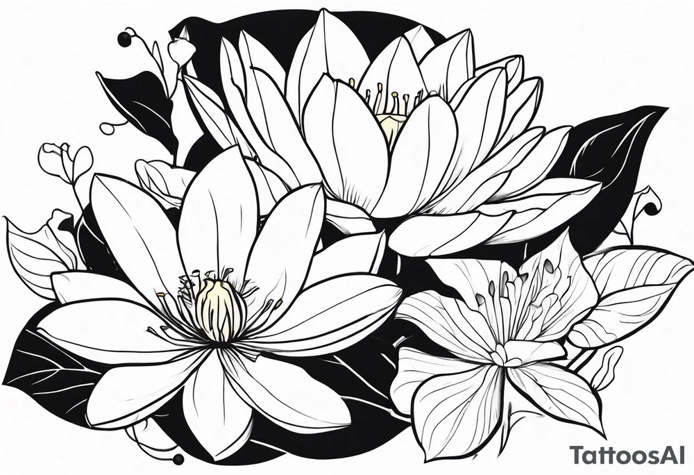 waterlily and morning glory flower bouquet tattoo idea