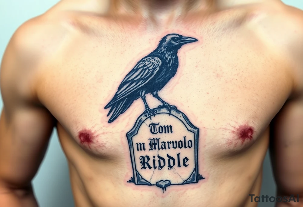 A skeletal raven perched on a cracked tombstone, with the name “Tom Marvolo Riddle” engraved in old stone tattoo idea