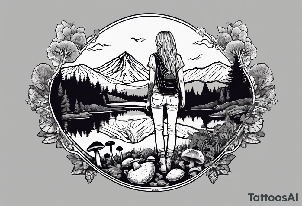 Straight long blonde hair hippie girl in distance holding mushrooms in hand facing away toward mountains and creek surrounded by mushrooms tee shirt and hiking pants tattoo idea