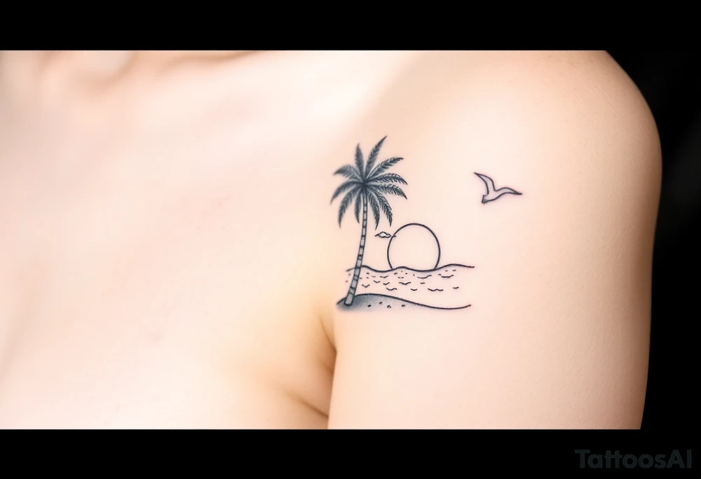 happy, peaceful, serene, timeless, ocean, sand, palm tree, seagulls, sun, subtle, masculine tattoo idea