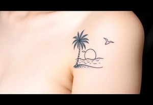 happy, peaceful, serene, timeless, ocean, sand, palm tree, seagulls, sun, subtle, masculine tattoo idea