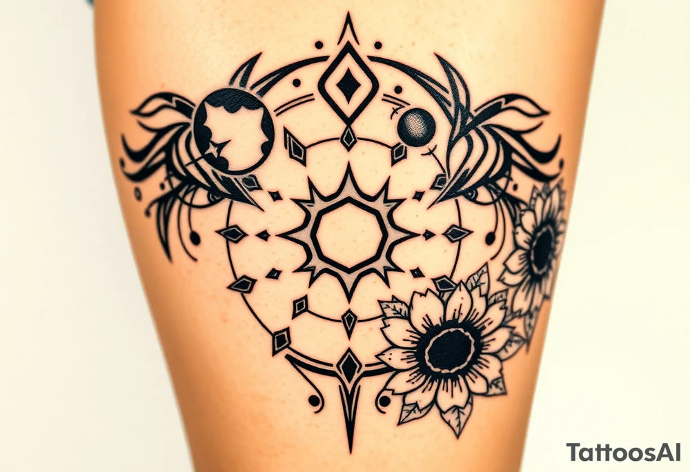 Milky way galaxy with planets with zodiac symbols and protection runes in it with tigerlillies roses and sunflowers tattoo idea