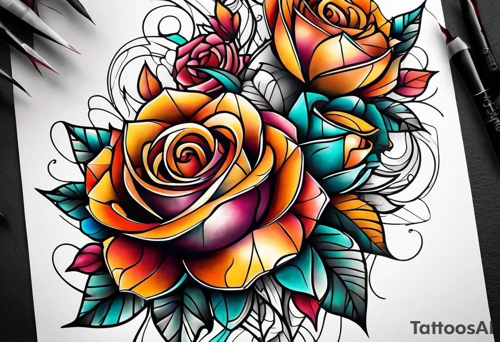 knee tattoo with geometry, roses and swirl washes in background in fall colors tattoo idea