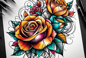 knee tattoo with geometry, roses and swirl washes in background in fall colors tattoo idea