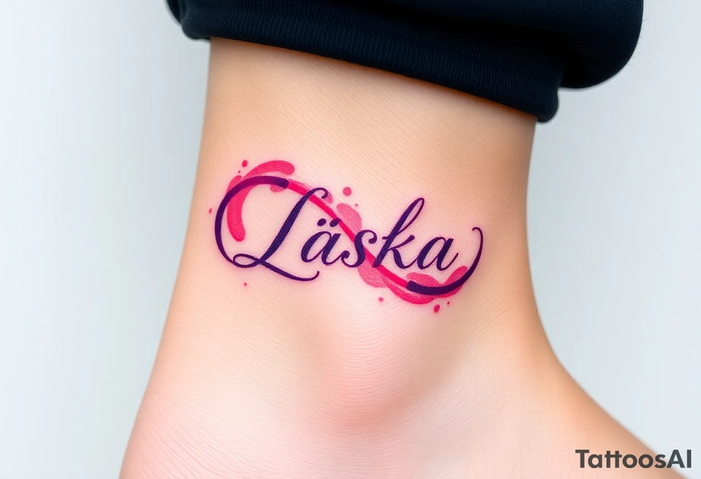A watercolor infinity design in pastel pink and purple hues, with "Láska" softly blending into the curves, creating a dreamy effect tattoo idea