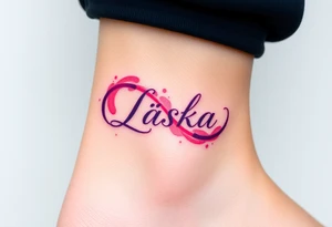 A watercolor infinity design in pastel pink and purple hues, with "Láska" softly blending into the curves, creating a dreamy effect tattoo idea