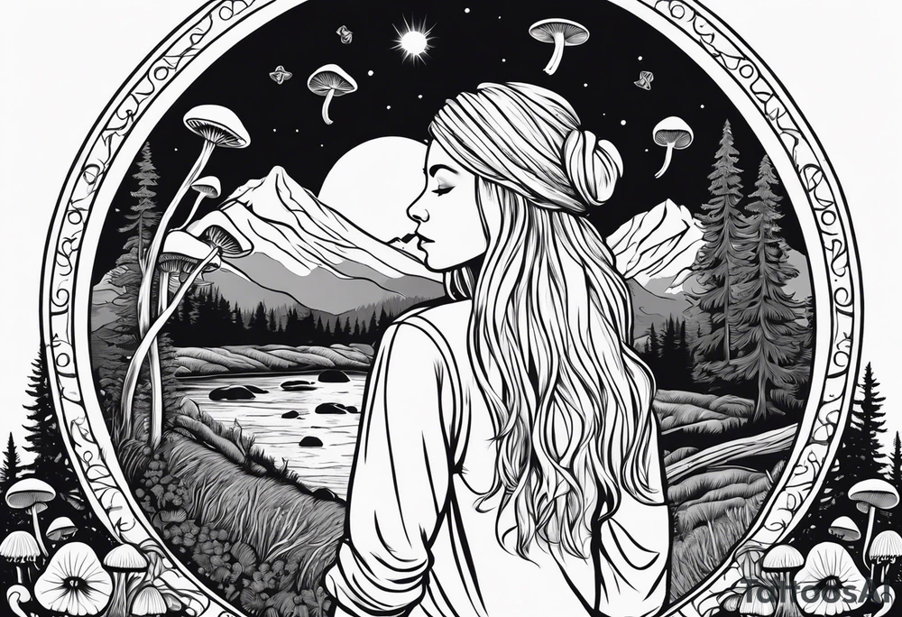 Whole picture encircled fully

Straight long blonde hair hippie girl in distance holding mushrooms in hand facing away toward mountains and creek surrounded by mushrooms long sleeve shirt and hiking pants; whole rendering within a full circle, no cut off circle tattoo idea