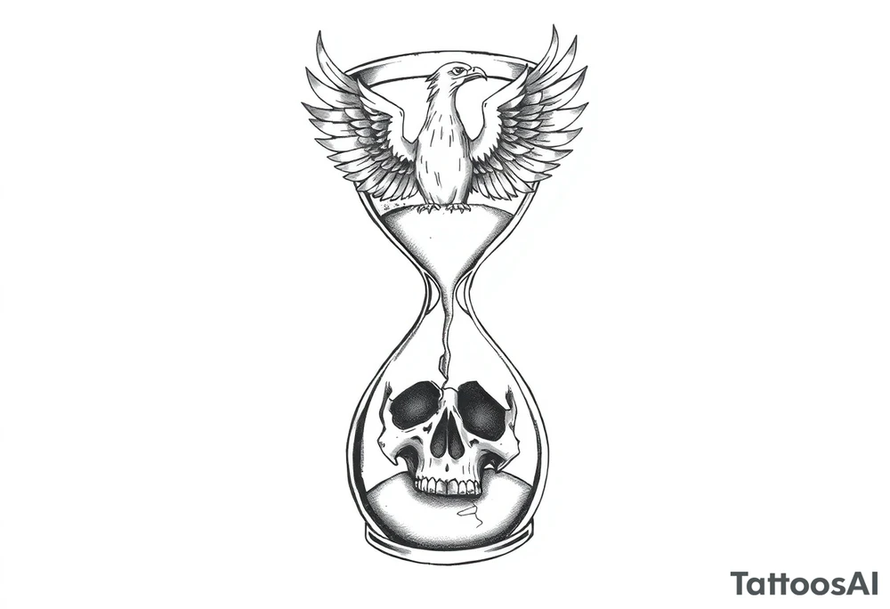 A cracked hourglass with the sands forming a skull below and a phoenix rising from the top. tattoo idea