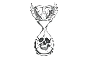 A cracked hourglass with the sands forming a skull below and a phoenix rising from the top. tattoo idea