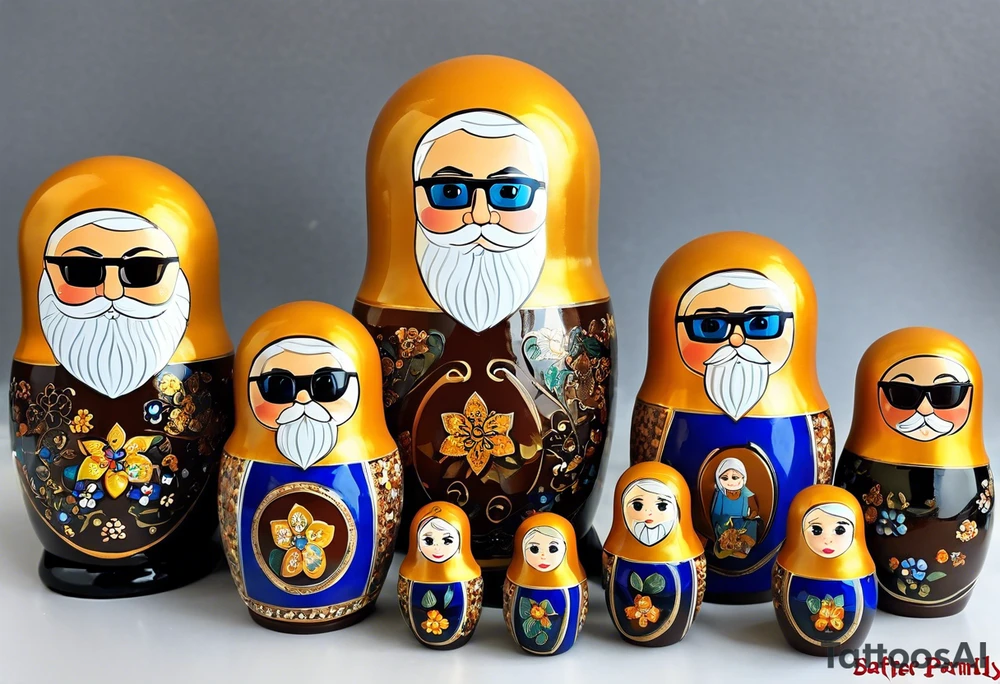 Matryoshka doll family. Each doll is different. Father (biggest doll) has full beard, blue eyes, short brown hair, loves LA Dodgers. Mother (second biggest doll) has blonde bob, blue eyes, thick rimmed black glasses, loves leopard print. Son is 4 years old, blue eyes, blonde spiky hair, loves Paw Patrol. Daughter is 2 years old, blue eyes, long eyelashes, short light brown bob, loves Bluey. tattoo idea