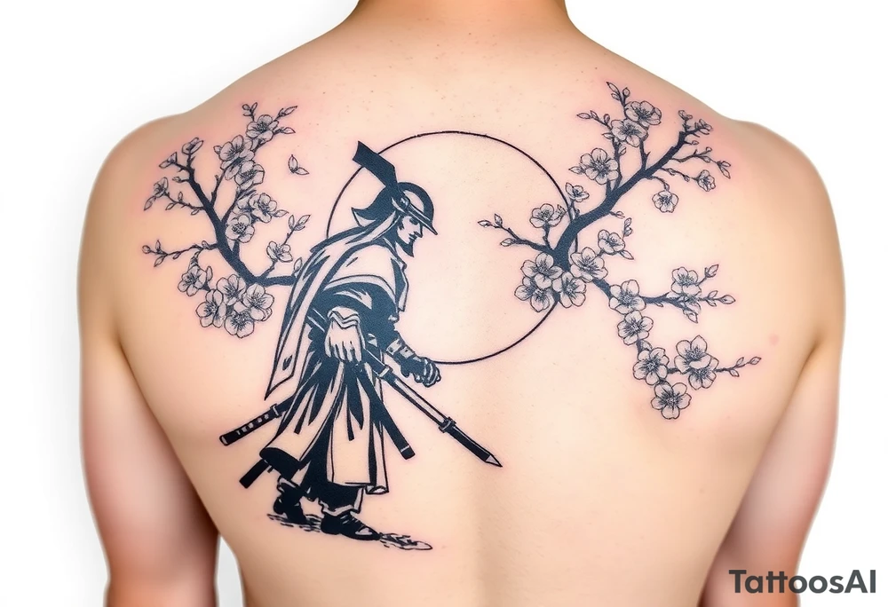 noble samurai warrior silhouette at sunset with cherry blossoms tattoo idea