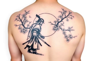 noble samurai warrior silhouette at sunset with cherry blossoms tattoo idea