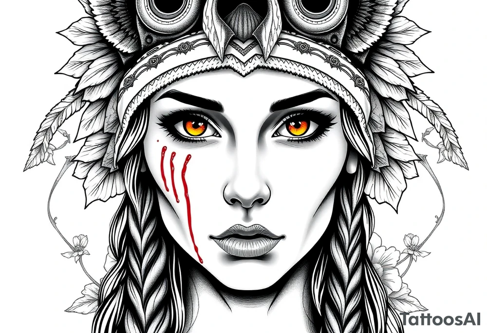 Young Symmetrical Beautiful Woman, looking forward, with colored eyes, shedding a tear, with battle scars and blood on face, with soft look, wearing a mean looking bear headdress on head, with dead flower background tattoo idea