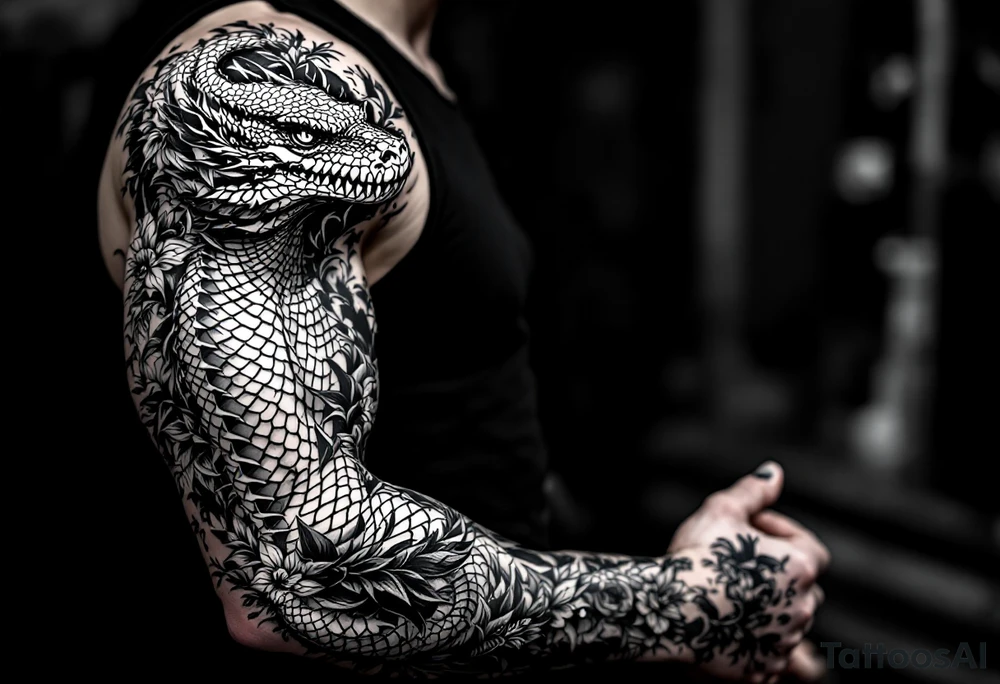 powerful majestic reptile, surrounded by floral ornaments tattoo idea