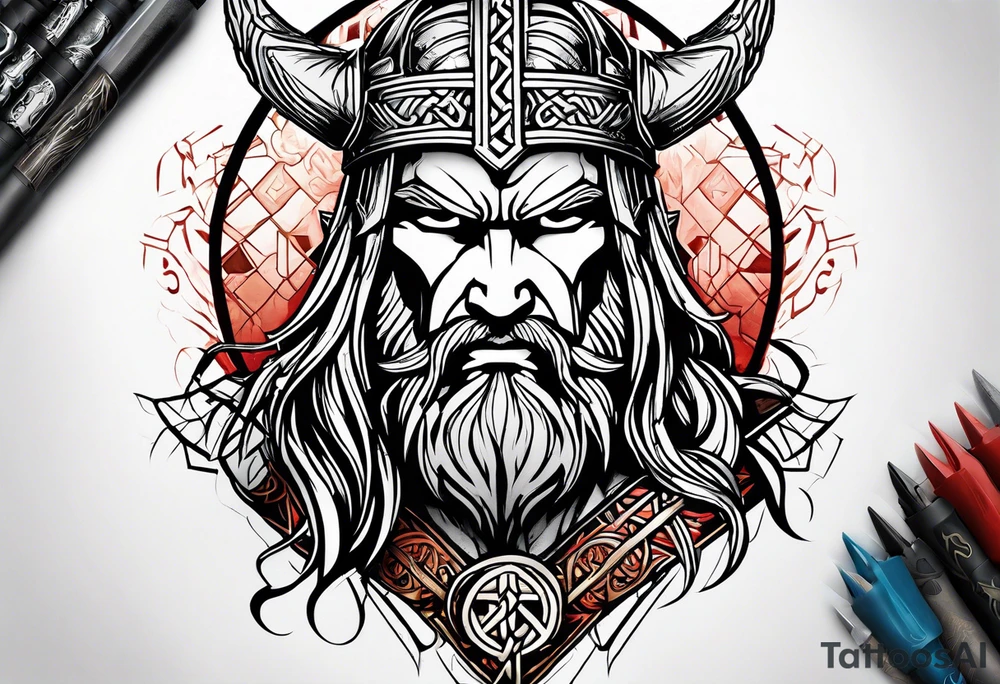 Thor with Viking runes in the background as a vignette tattoo idea