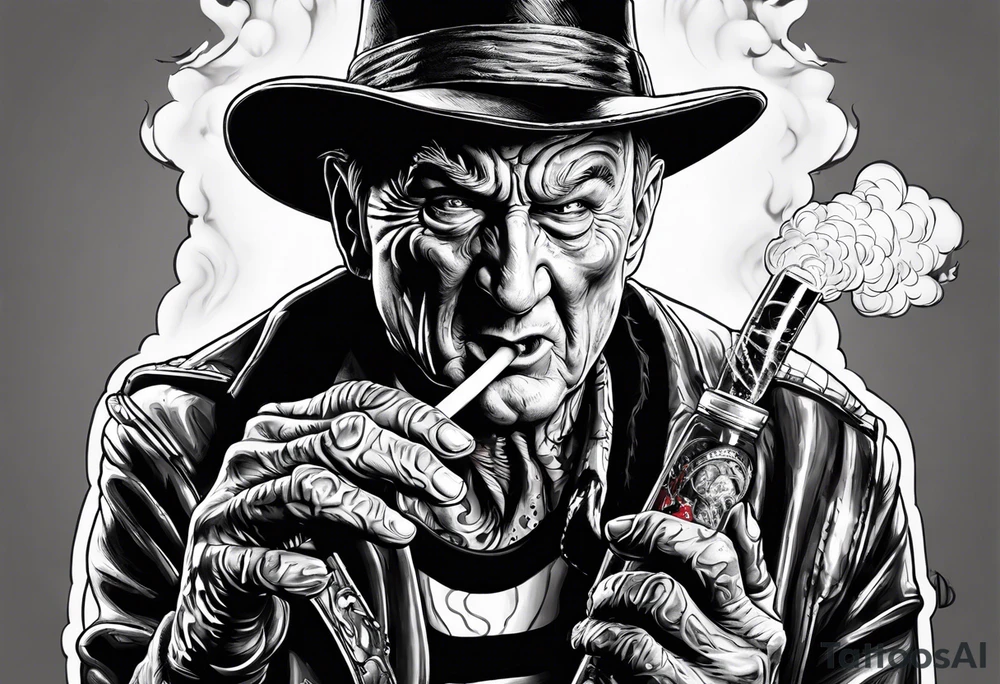 Realistic horror movie Freddy Krueger smoking out of a bong tattoo idea