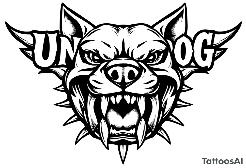 the word underdog with dog teeth connected to the bottom tattoo idea
