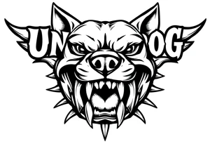 the word underdog with dog teeth connected to the bottom tattoo idea