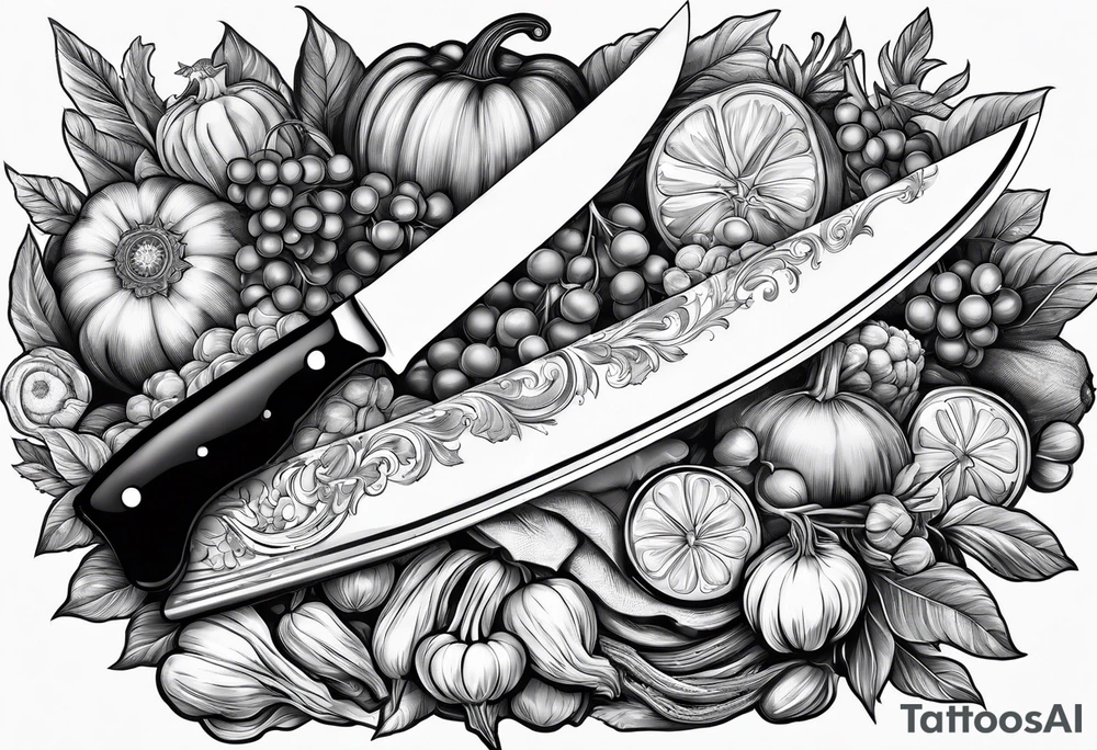 Chef knife with vegetables inside blade tattoo idea