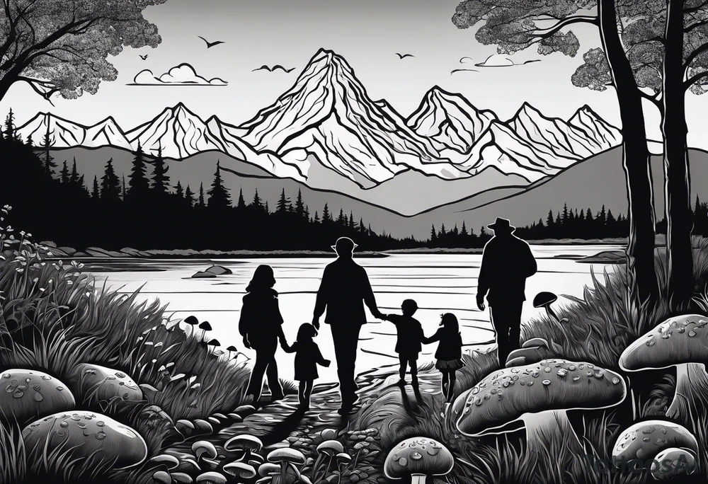 Family silhouette of a father, a mother, oldest son, middle daughter, and small daughter foraging mushrooms with mountains and creek in background tattoo idea