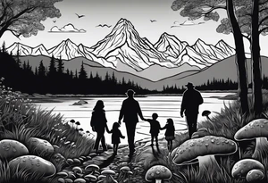 Family silhouette of a father, a mother, oldest son, middle daughter, and small daughter foraging mushrooms with mountains and creek in background tattoo idea