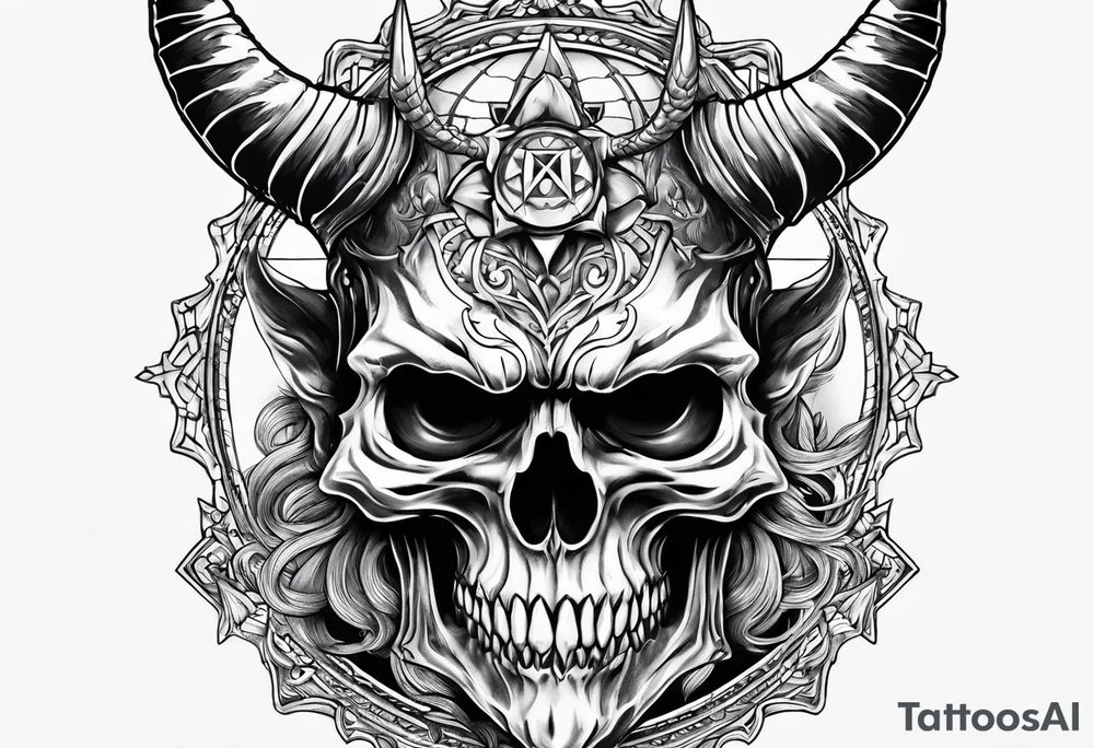 Devil skull  with hollow eyes and  horns holding the earth tattoo idea