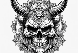 Devil skull  with hollow eyes and  horns holding the earth tattoo idea